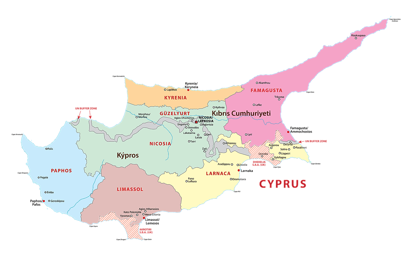 Administrative map of Northern Cyprus (not recognized by the international community) and the Republic of Cyprus.