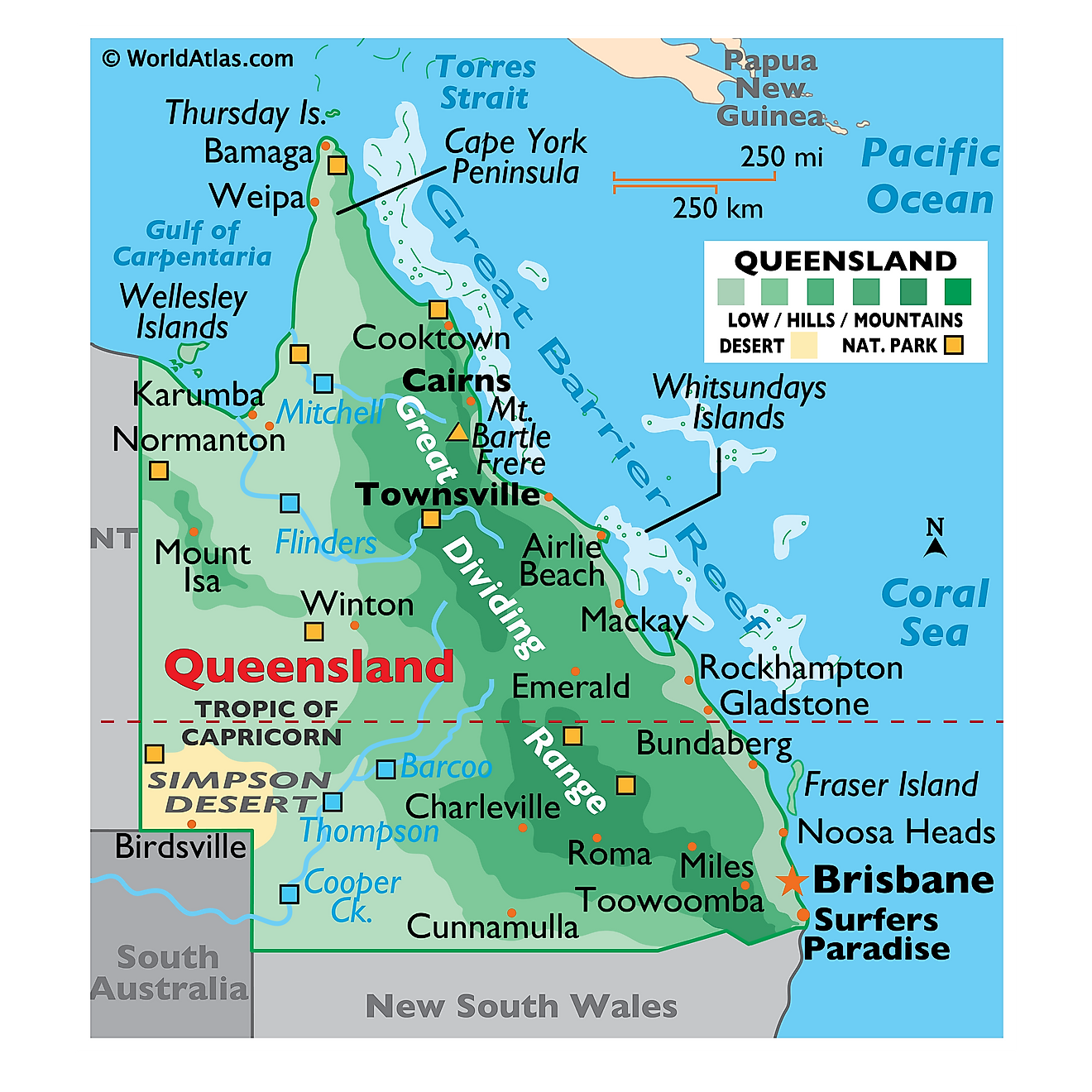 Physical Map of Queensland. It shows the physical features of Queensland, including mountain ranges, and notable rivers. 