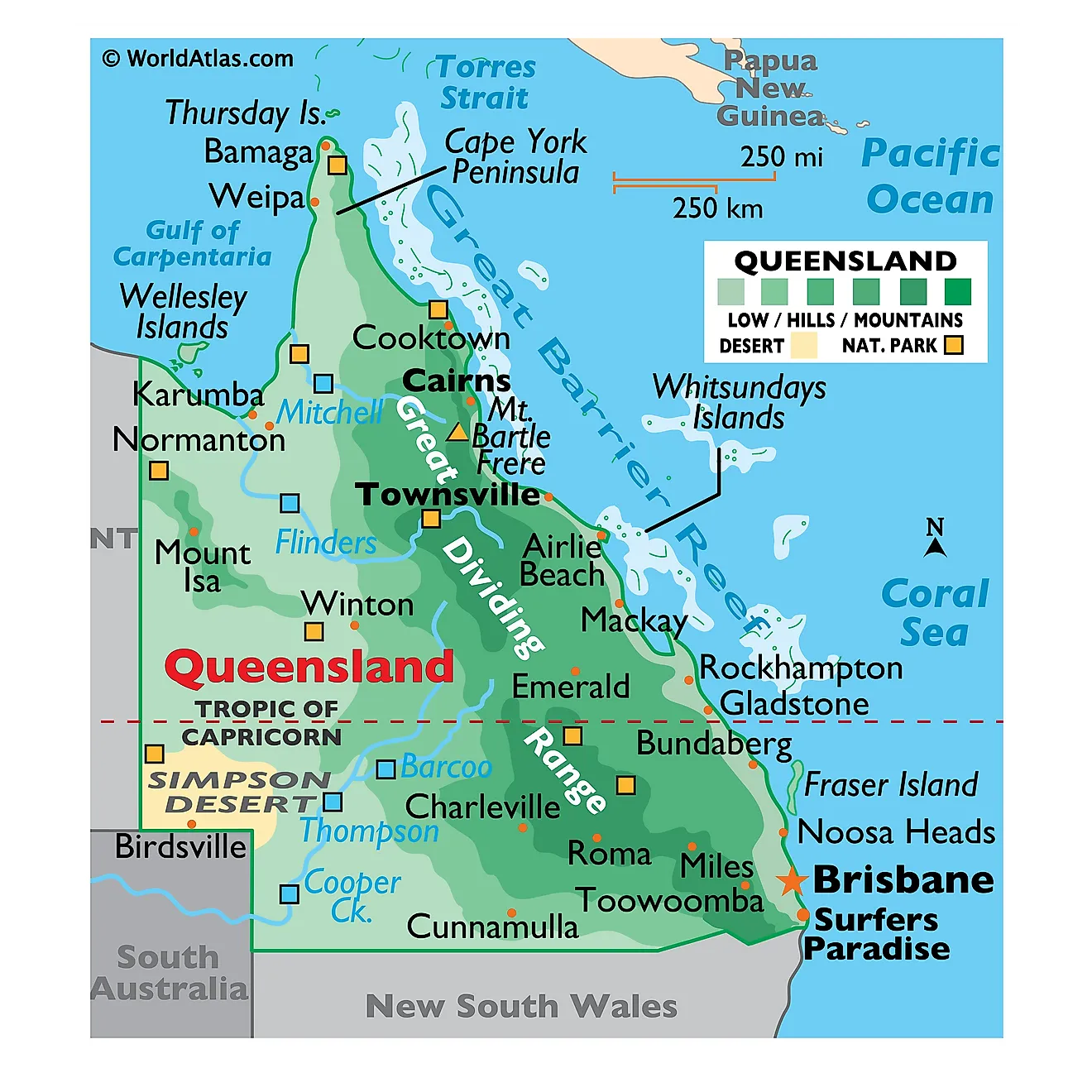 Physical Map of Queensland. It shows the physical features of Queensland, including mountain ranges, and notable rivers. 