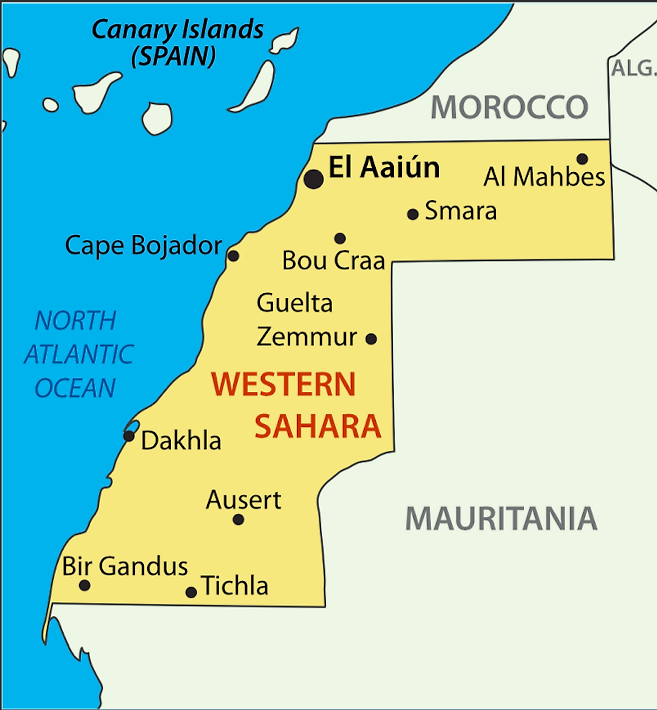 Mapa político del Sáhara Occidental que muestra las principales ciudades, incluida la ciudad más grande de El Aaiún o El Aaiún. Es un territorio en disputa sin divisiones administrativas oficiales propias.