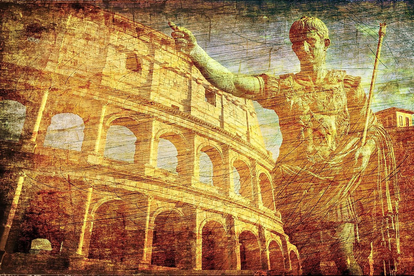 Image of a statue of Augustus in front of the Colosseum. 