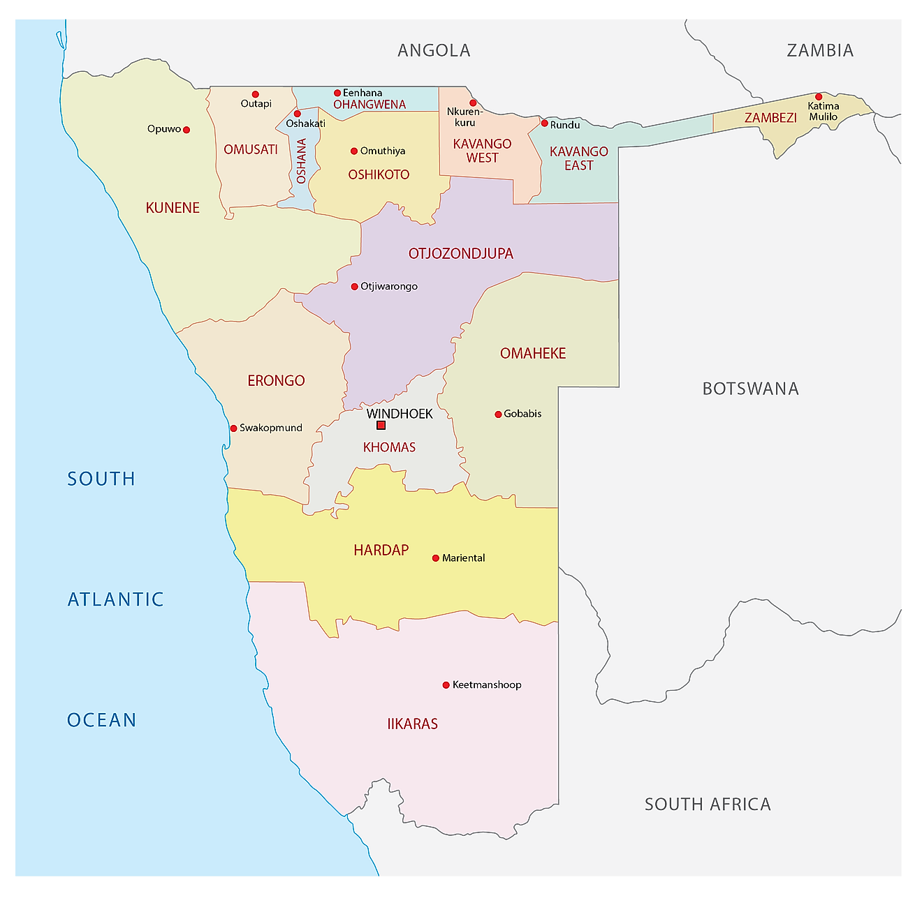 Political Map of Namibia showing its 14 regions and their capital cities and the national capital of Windhoek.