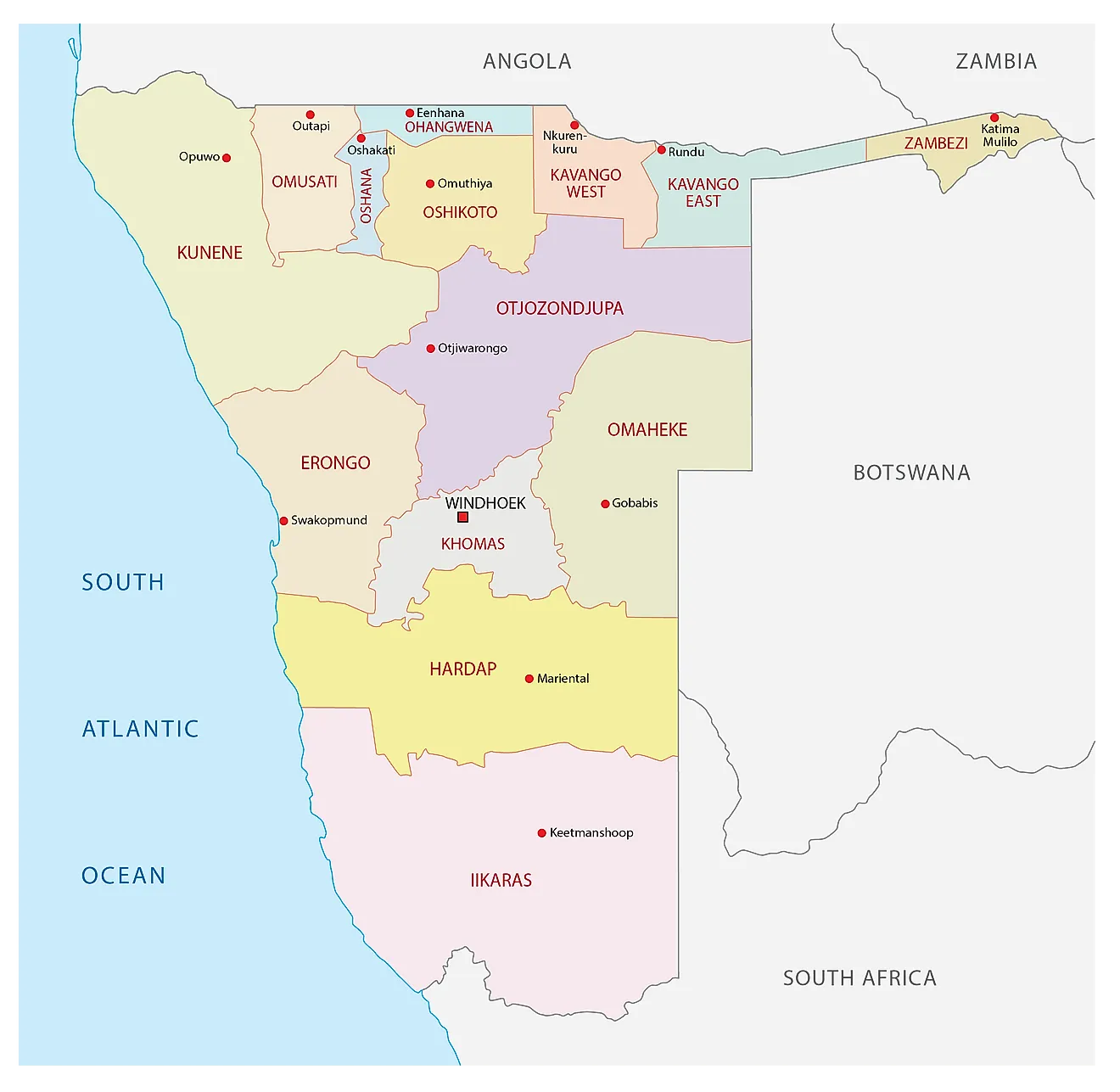 Political Map of Namibia showing its 14 regions and their capital cities and the national capital of Windhoek.