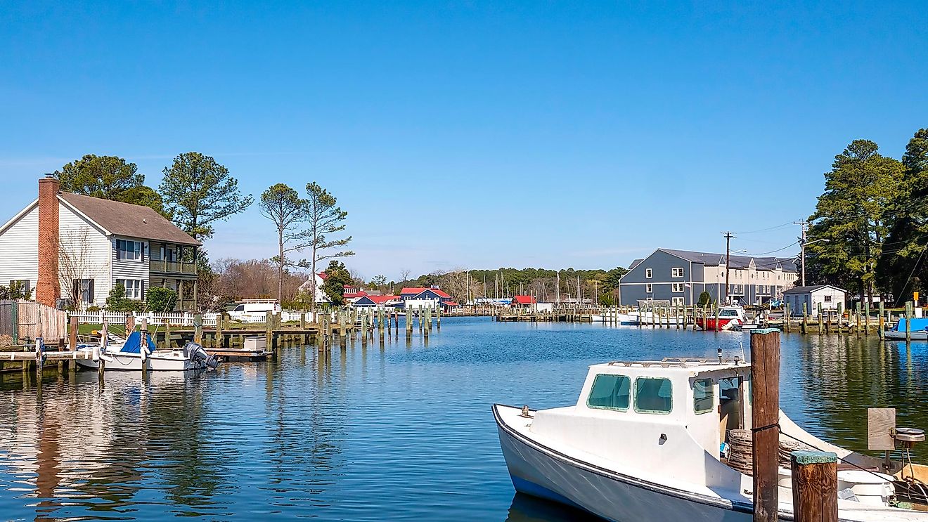 Aerial panorama of shipyard and lighthouse in St. Michaels harbor in Maryland.