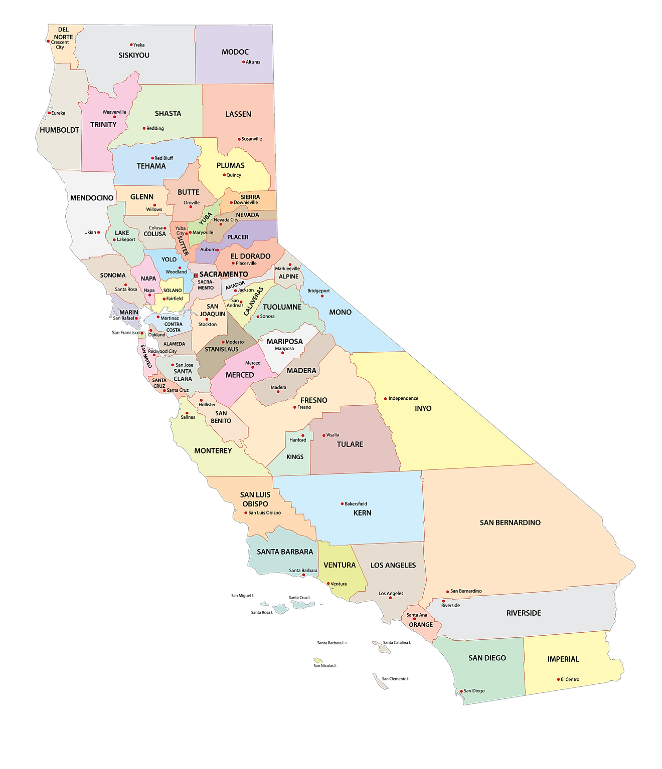 Mapa administrativo de California que muestra sus 58 condados y la ciudad capital - Sacramento