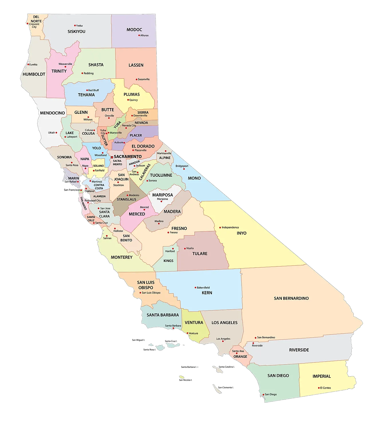 Mapa administrativo de California que muestra sus 58 condados y la ciudad capital - Sacramento