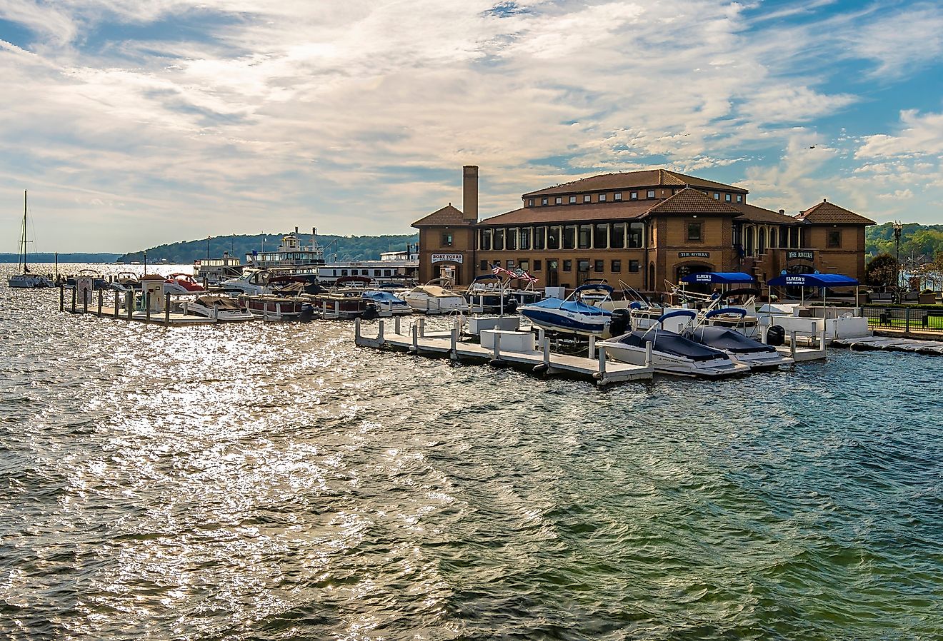 Riviera shops and boat house view in Geneva Town of Wisconsin. Image credit Nejdet Duzen via Shutterstock