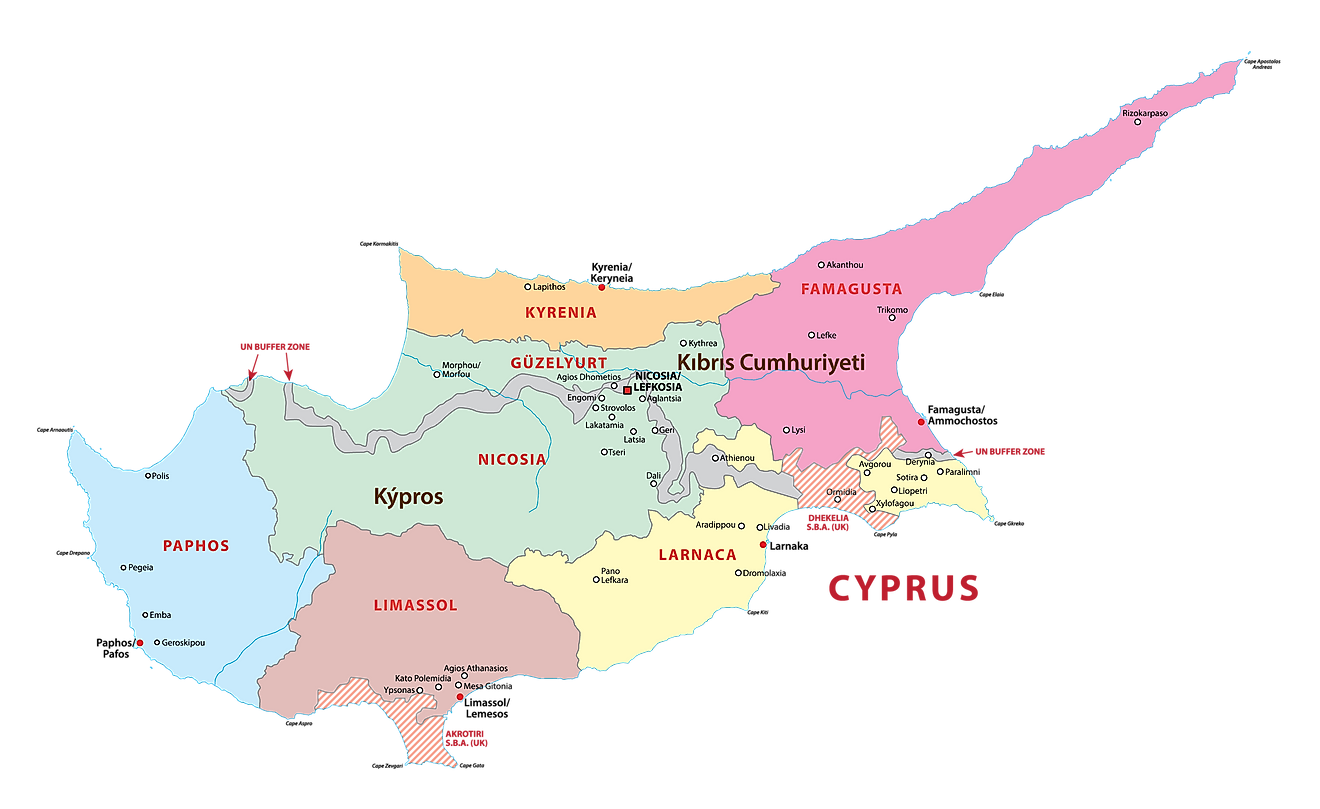 Political Map of Cyprus showing the 6 districts, their capitals and the national capital of Nicosia.