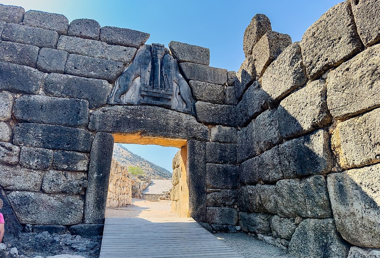 The Lion Gate at Mycenae guarded one of the great citadels of Bronze Age Greece before the Mycenaean palace system collapsed around 1200 BCE.