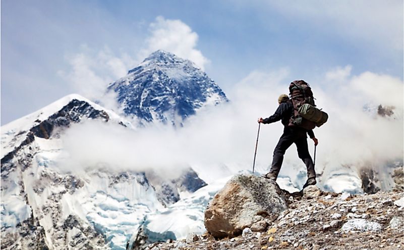 View of Mount Everest/Mount Sagarmatha from Kala Patthar with tourist on the way to Everest base camp