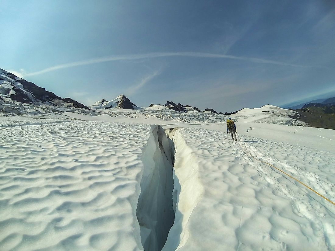 Crevasses can range from a few to hundreds of meters wide and deep.