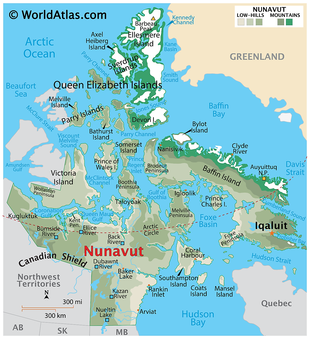 Physical Map of Nunavut. It shows the physical features of Nunavut, including mountain ranges, important rivers, major lakes, and islands. 
