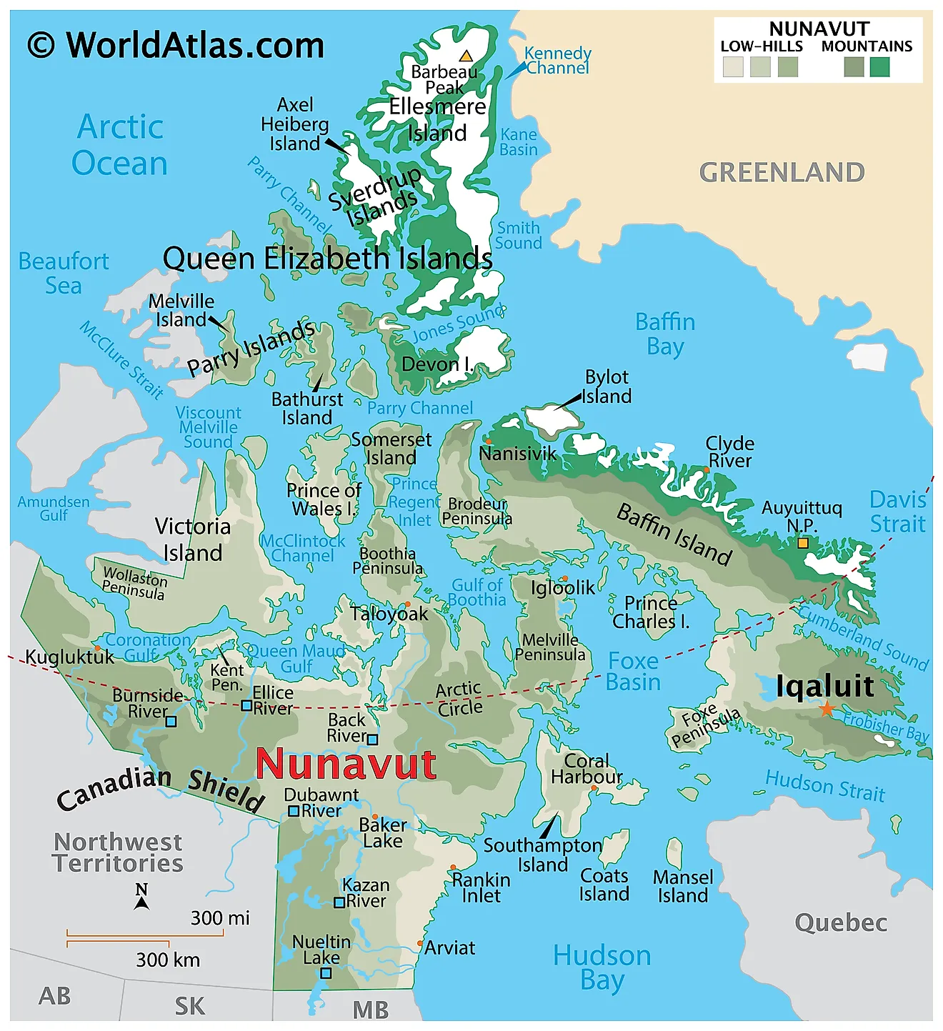 Physical Map of Nunavut. It shows the physical features of Nunavut, including mountain ranges, important rivers, major lakes, and islands. 