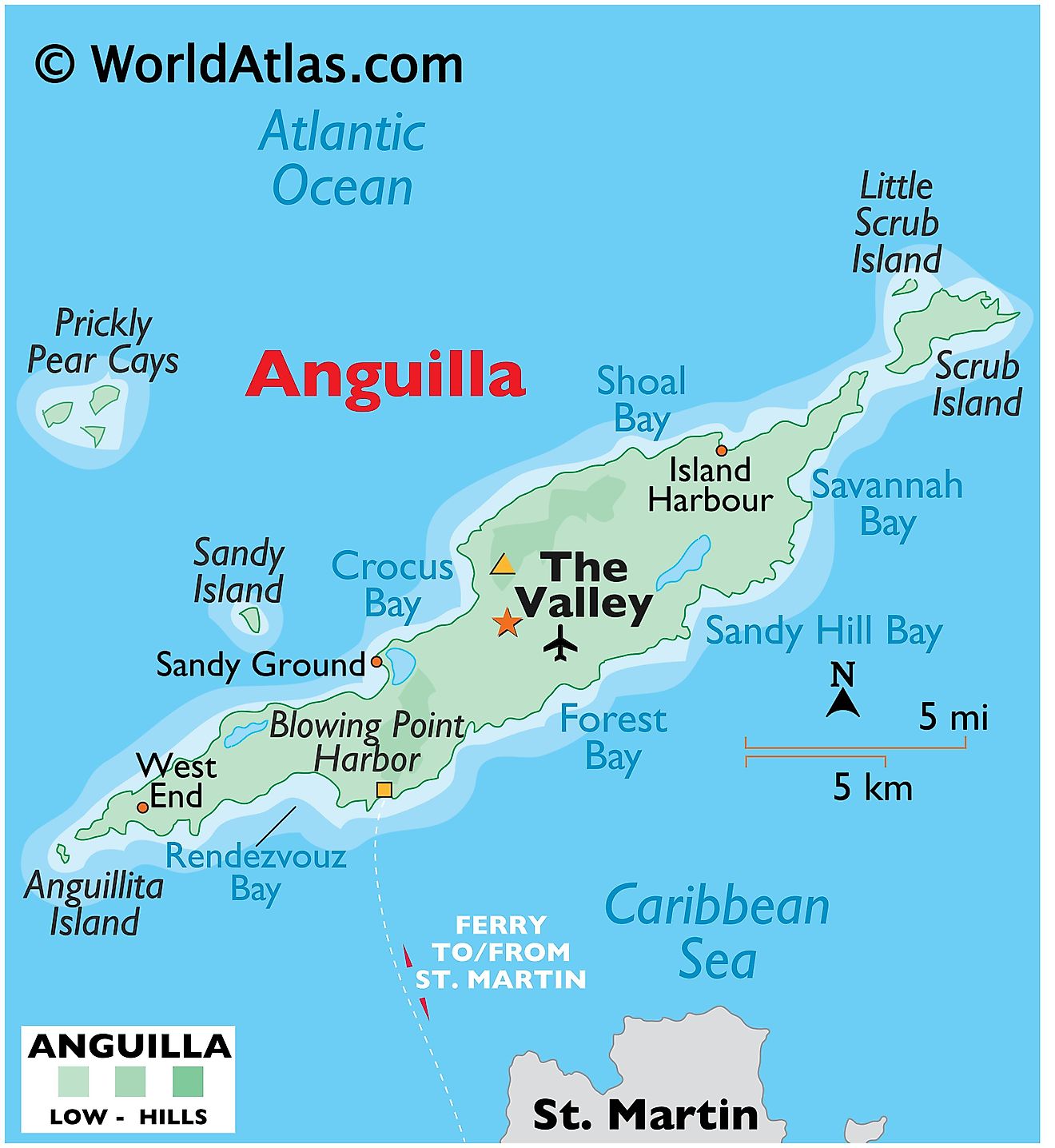 Mapa físico de Anguila que muestra islas, relieve, puertos importantes, la capital, fuentes de agua circundantes y más.