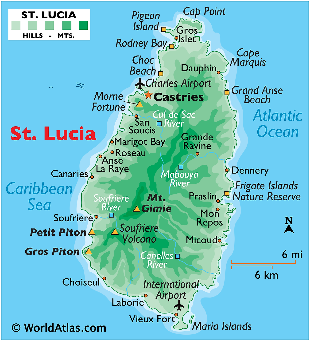 Mapa físico de Santa Lucía que muestra relieve, islas, montañas, islas más pequeñas, volcanes, ríos y más.