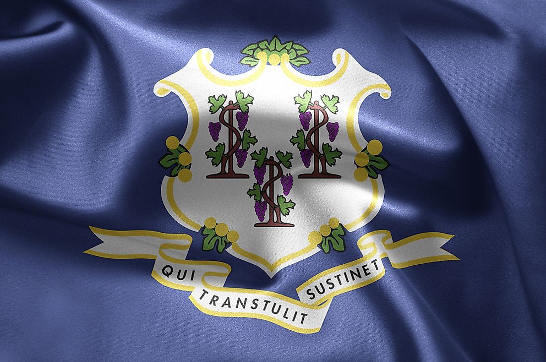 The three grapevines in the white baroque shield represent the three vibrant colonies of Connecticut, New Haven, and Saybrook. 