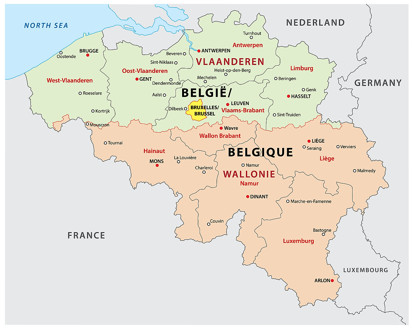 Political Map of Belgium showing its  3 regions and the capital city of Brussels