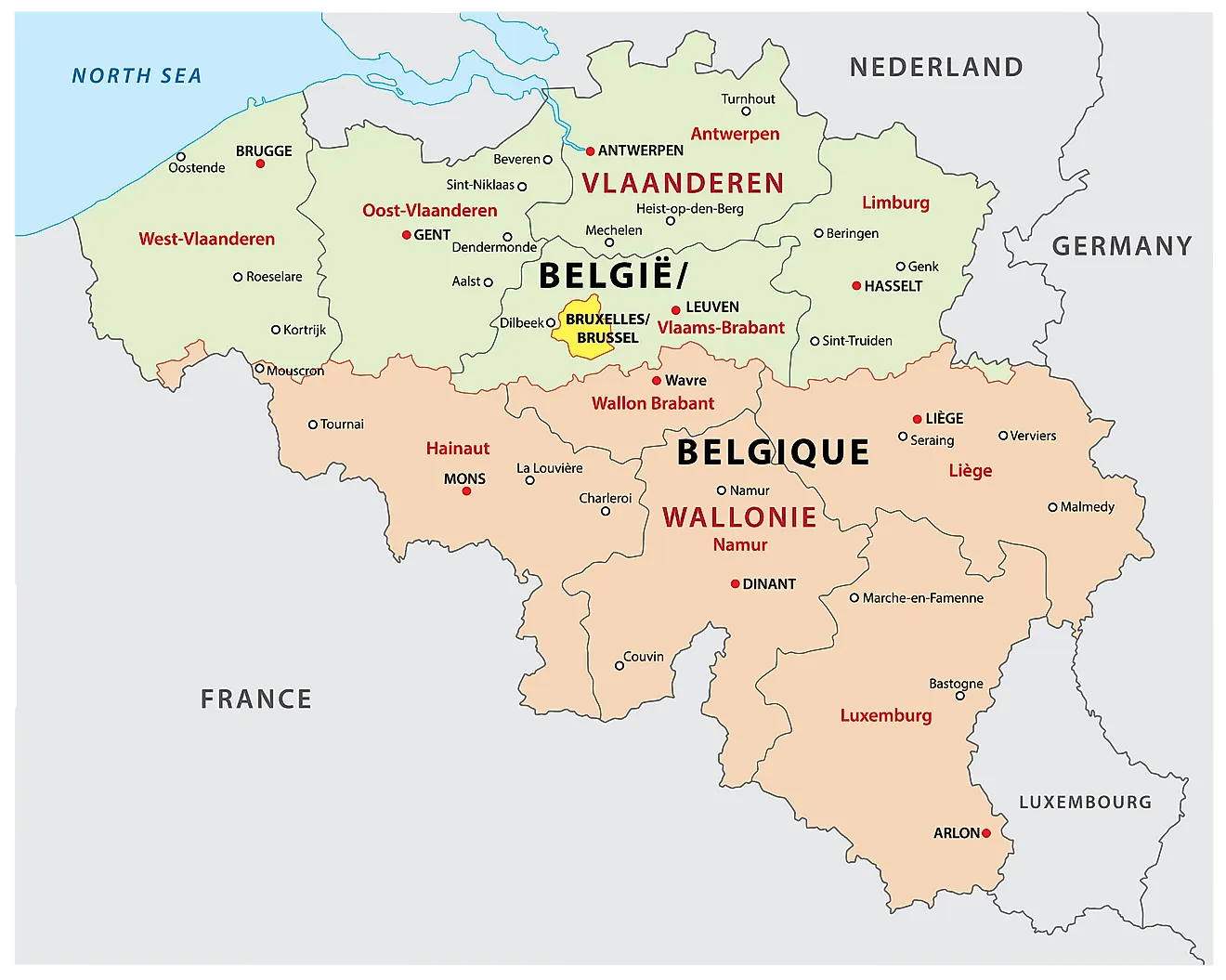 Political Map of Belgium showing its  3 regions and the capital city of Brussels