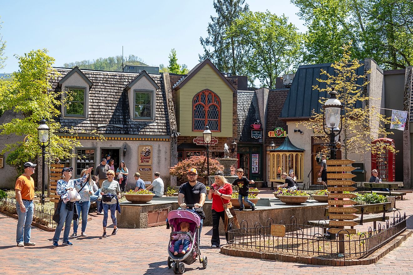 Tourists at Pin Oak Plaza shopping center in downtown Gatlinburg, Tennessee