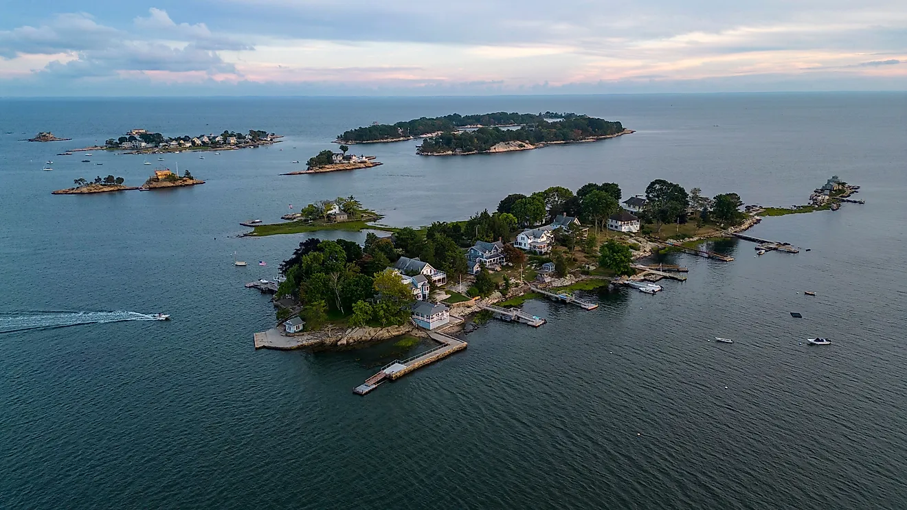 Aerial view of the Thimble Islands in Branford, CT.