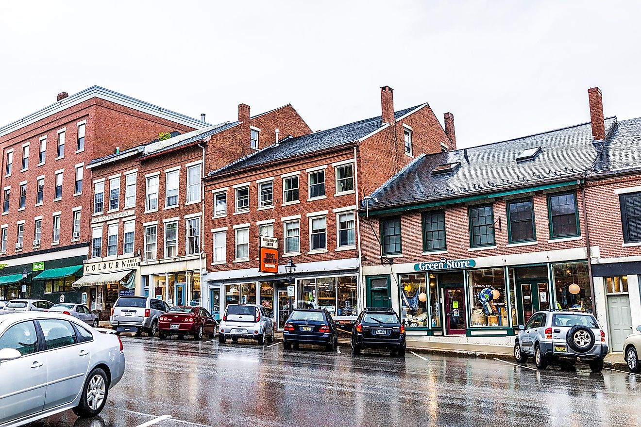 Businesses lined along the steep hill Main Street in Belfast, Maine. Editorial credit: Kristi Blokhin / Shutterstock.com