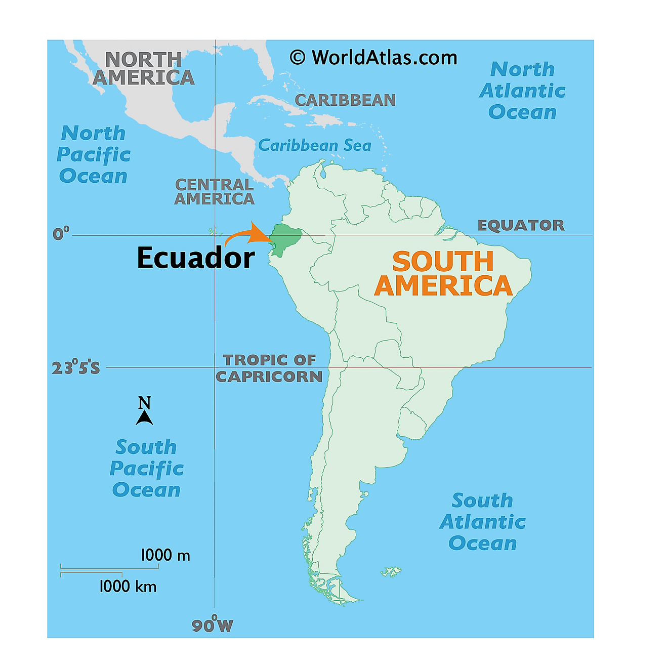 Map showing location of Ecuador in the world.