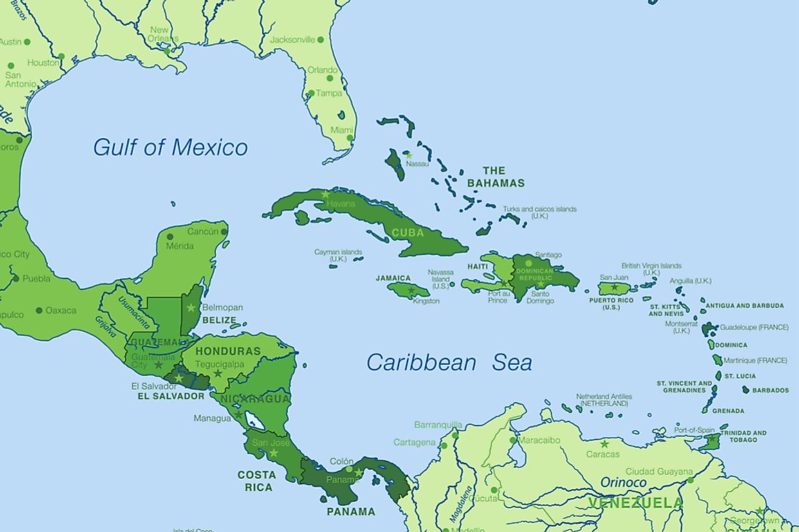 Cuba is located between the Caribbean Sea, the Gulf of Mexico, and the Atlantic Ocean. 