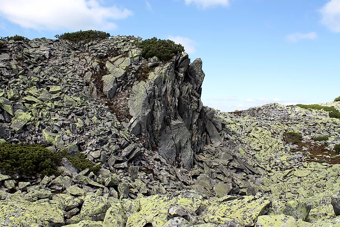 A rocky scree at a mountain peak. 