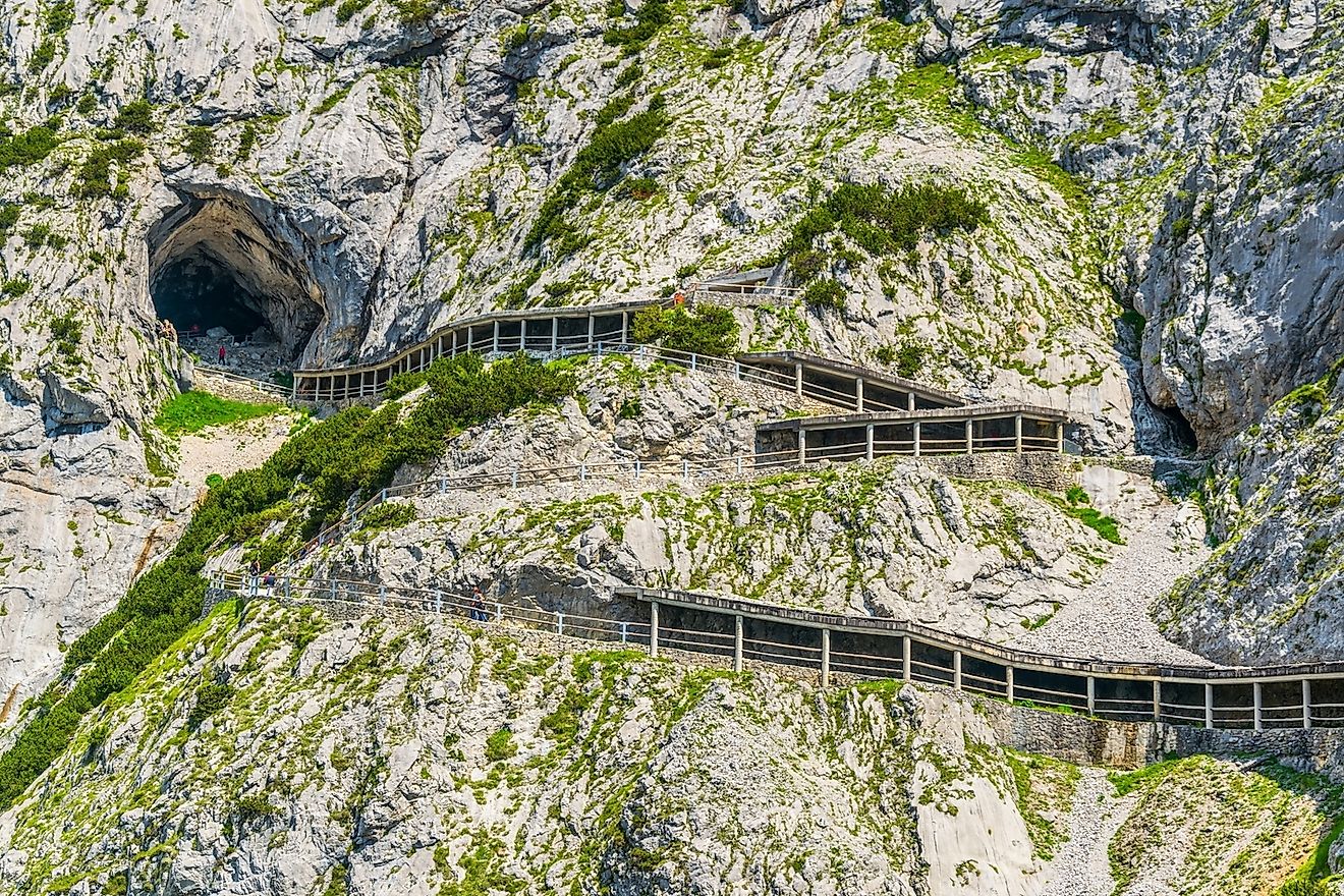 View of a zigzaging mountain road leading to the Eisriesenwelt Ice Cave in Austria. Image credit: Trabantos/Shutterstock.com