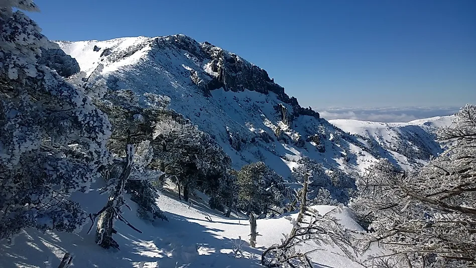 The snow-covered summit of Hallasan on Jeju Island.