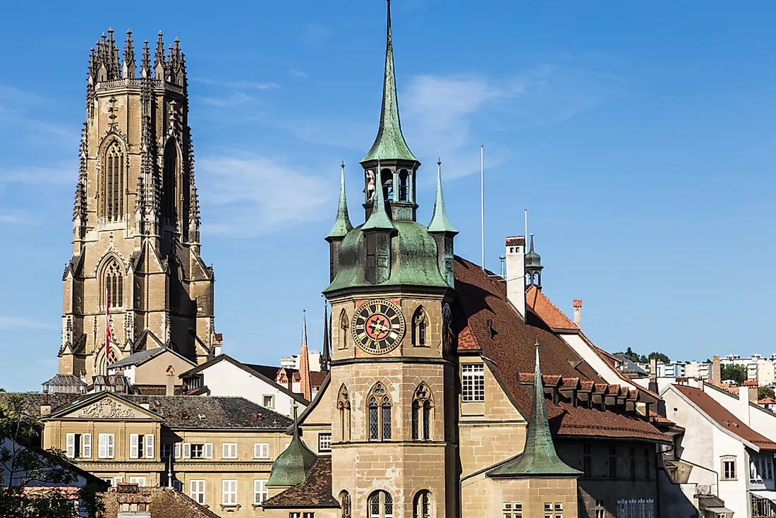 A Gothic-style Catholic Cathedral in Fribourg, Switzerland. 