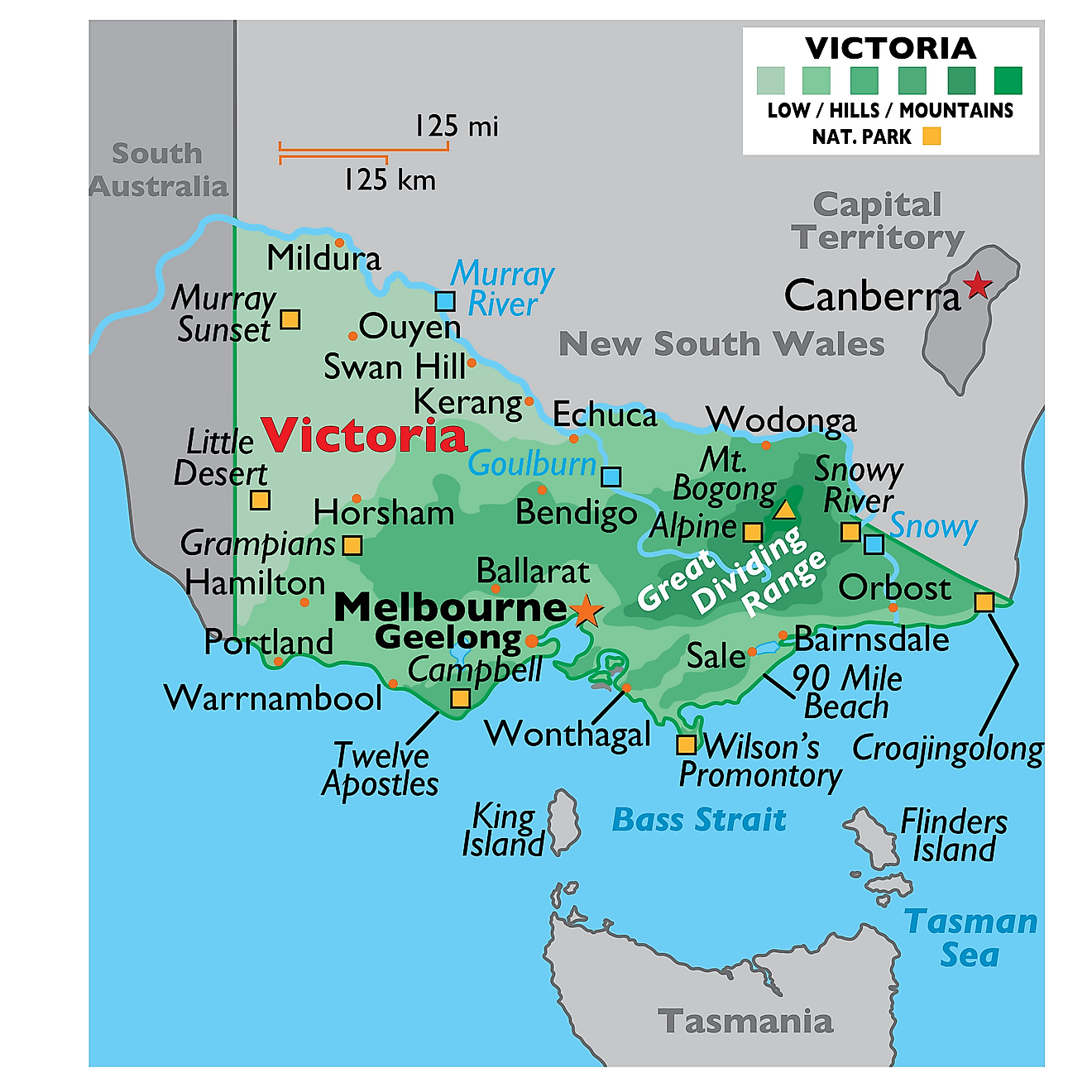 Physical Map of Victoria. It shows the physical features of Victoria, including mountain ranges and important rivers. 