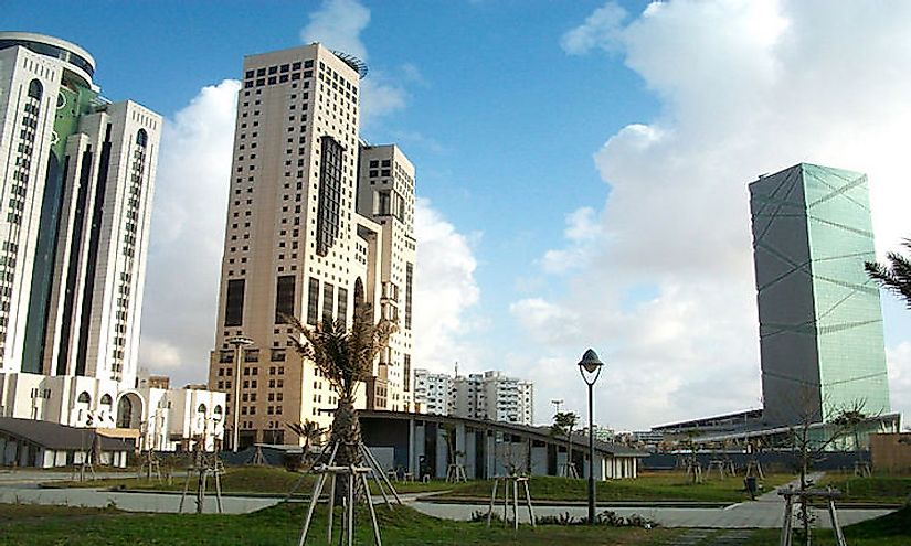 The Central Business District of Libya's capital Tripoli as viewed from the Oea Park and Car Park.