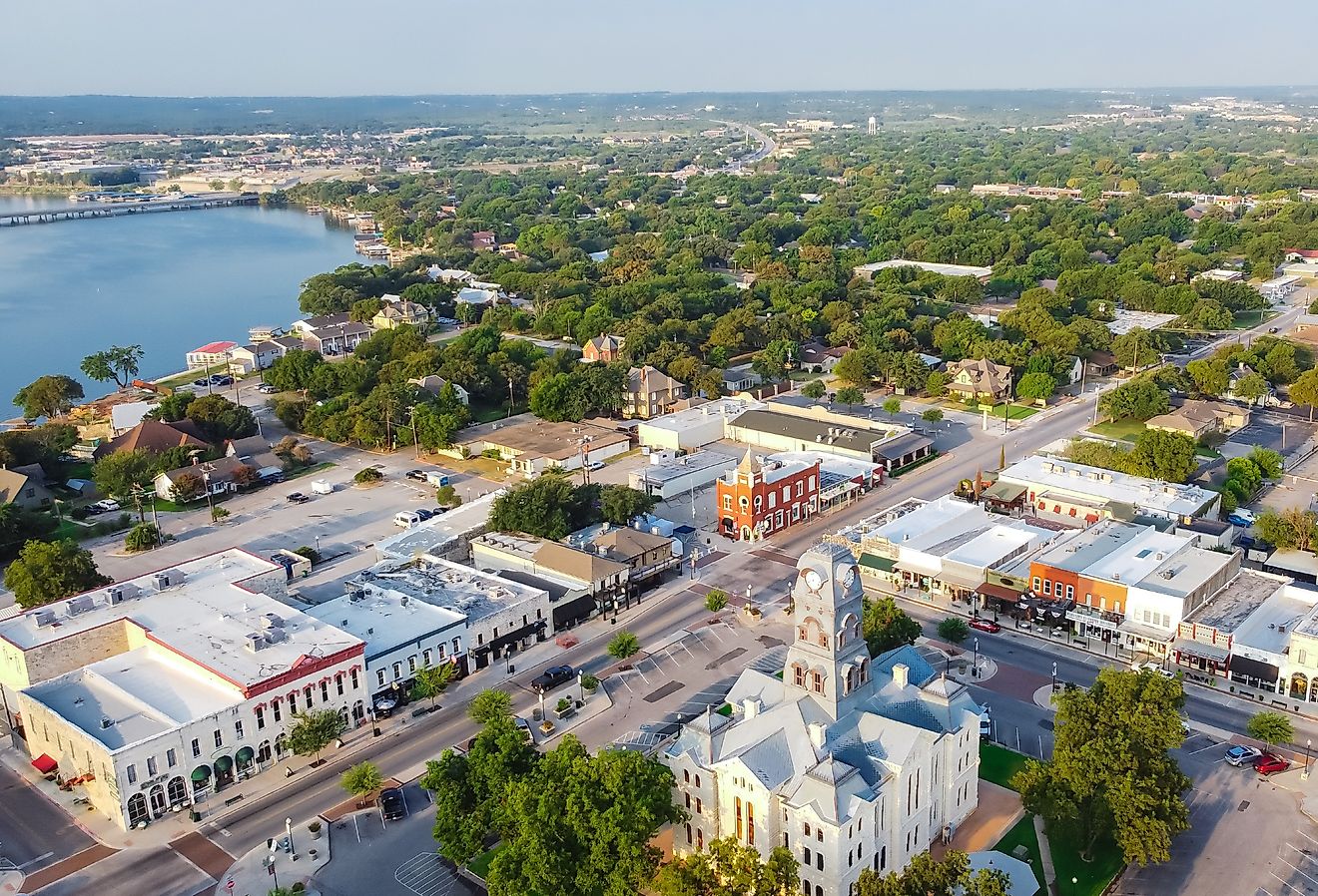 Aerial view Hood County Courthouse in Granbury near Lake Granbury in Texas.