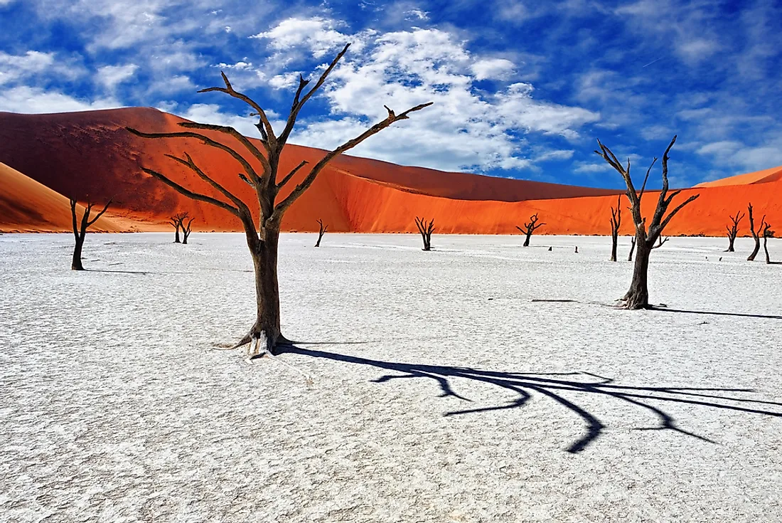 The white salt pans contrast sharply from the surrounding sand dunes. 