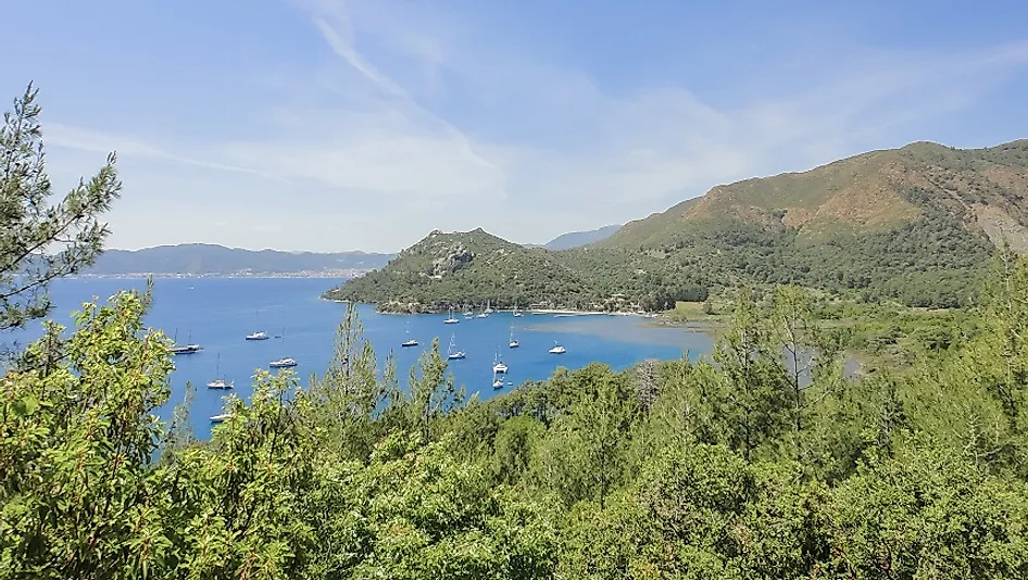 Overlooking the sea from forested hills near Marmaris, Turkey.