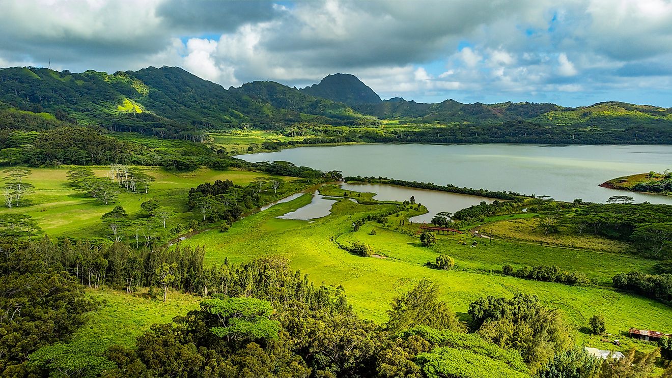 Aerial view of the south shore of Kauai island and Waita Reservoir, Hawaii, United States.