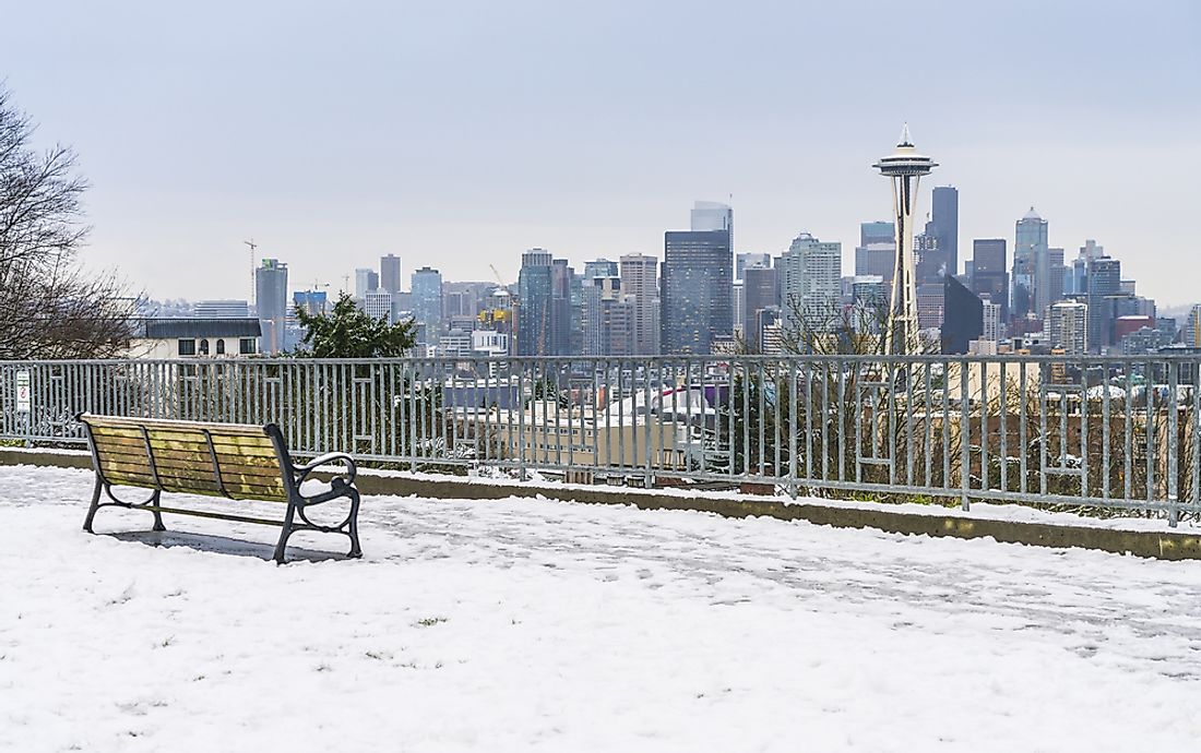 A view of the Seattle cityscape with snow.