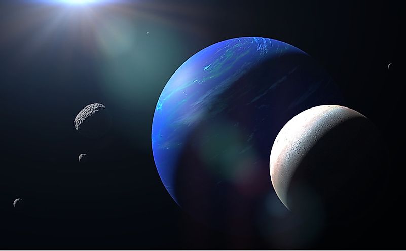 Planet Neptune with its moon Triton and some other moons (3d space render, elements of this image are furnished by NASA) 