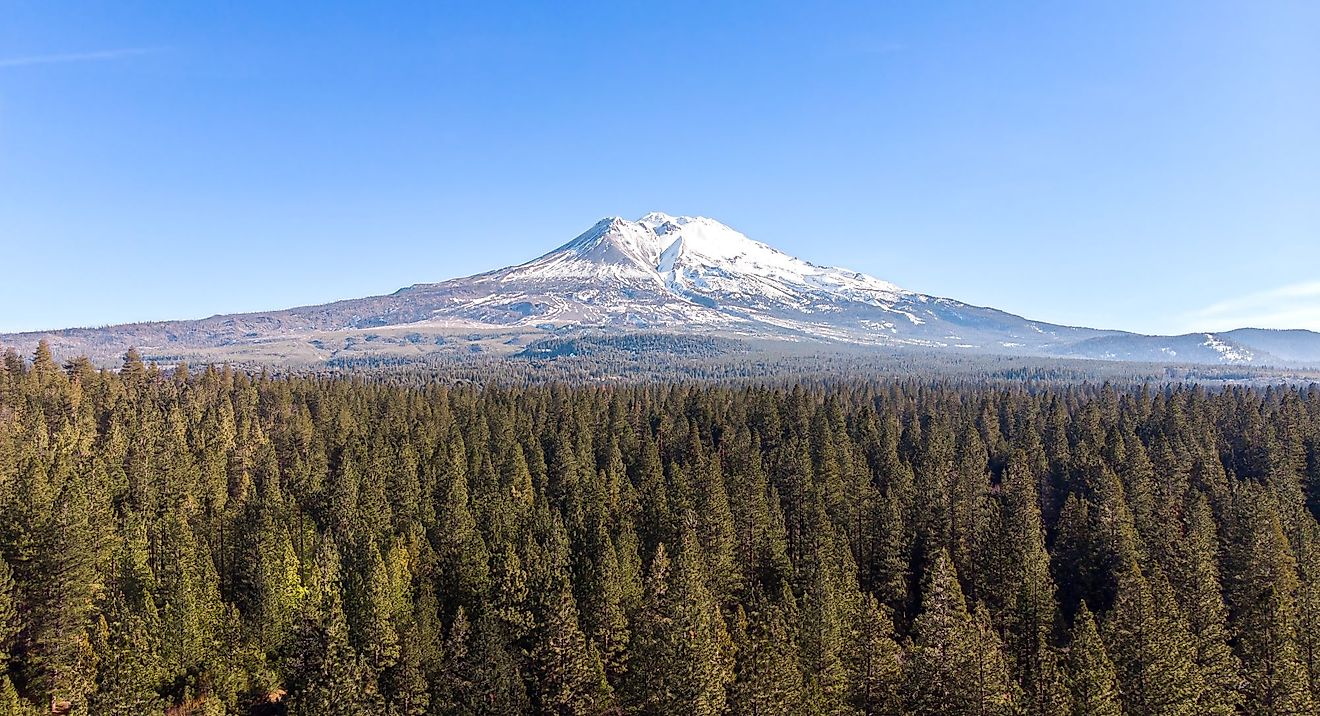 Amazing aerial panoramic view of Mount Eddy in California, over the green forest. 