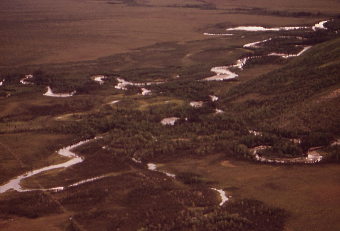 Aerial view of the crossing of the west fork of the Dall River in Alaska.