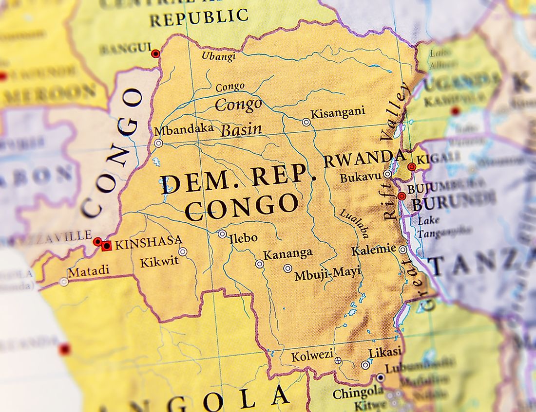 A map showing the Democratic Republic of the Congo as well as its neighboring states. 
