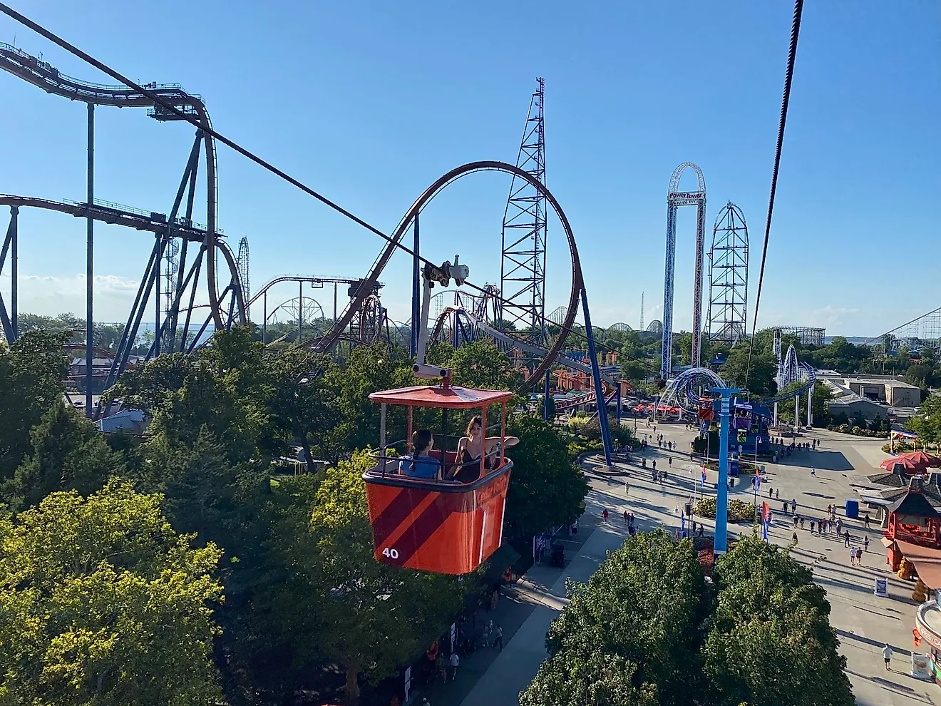 A scenic chairlift passes between the many major roller coasters of Cedar Point. Image credit: Andrew Douglas