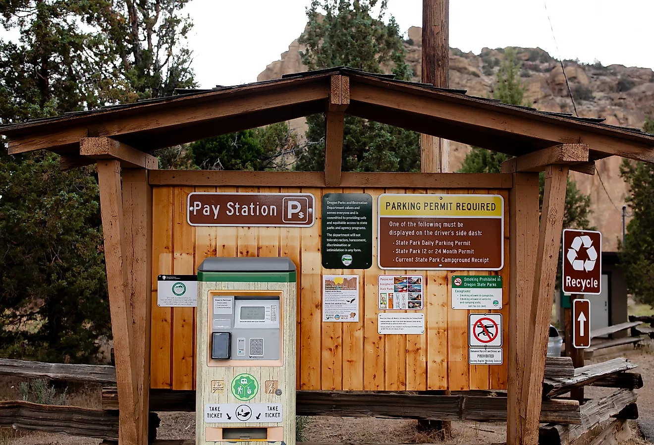 Pay station and information sign with a map of the park located at Welcome Center of Smith Rock State Park in Terrebonne, Oregon. Image credit bluestork via Shutterstock
