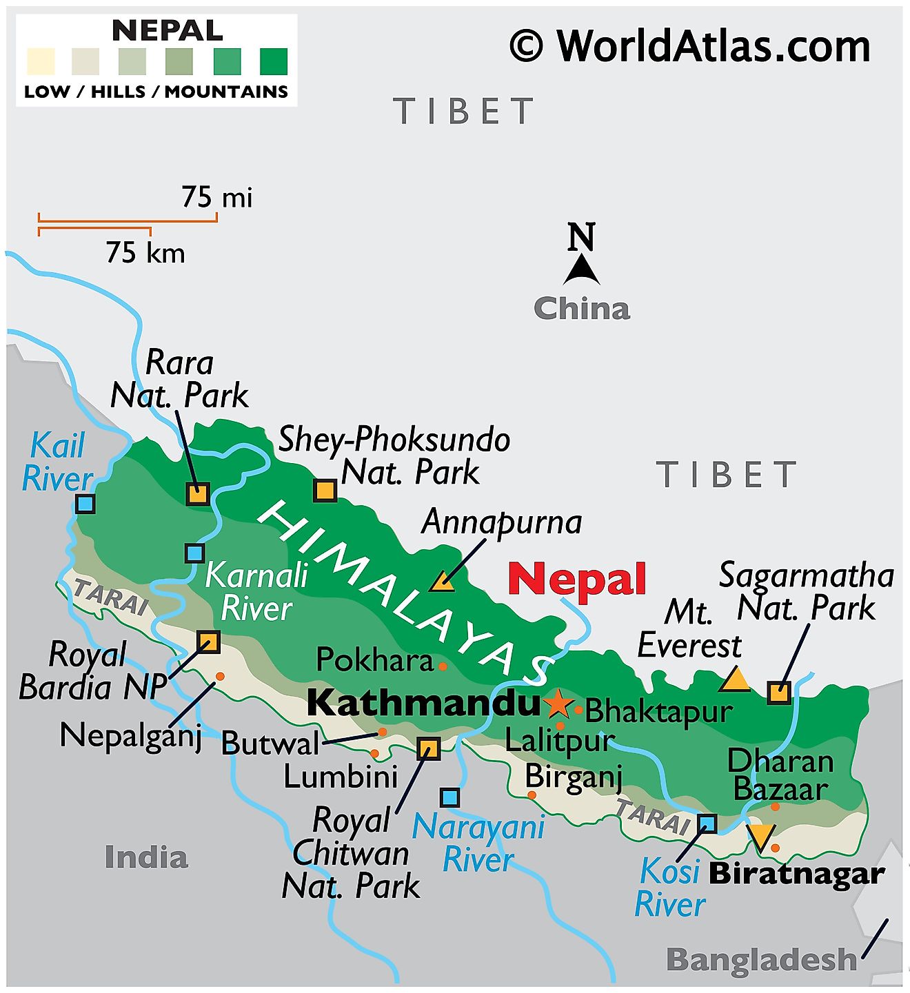 Mapa físico de Nepal que muestra los límites estatales, el relieve, el Monte Everest, los ríos principales, las ciudades importantes, los puntos extremos y los parques nacionales.