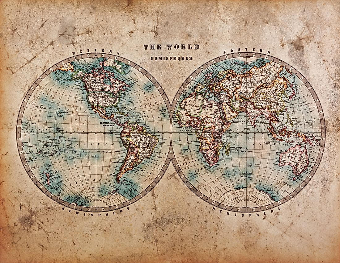 An old map from the 1800s showing the hemispheres. 