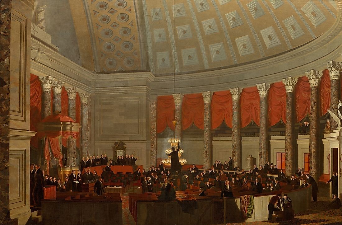 A painting of the House of representatives. The United States of America has a representative democracy.