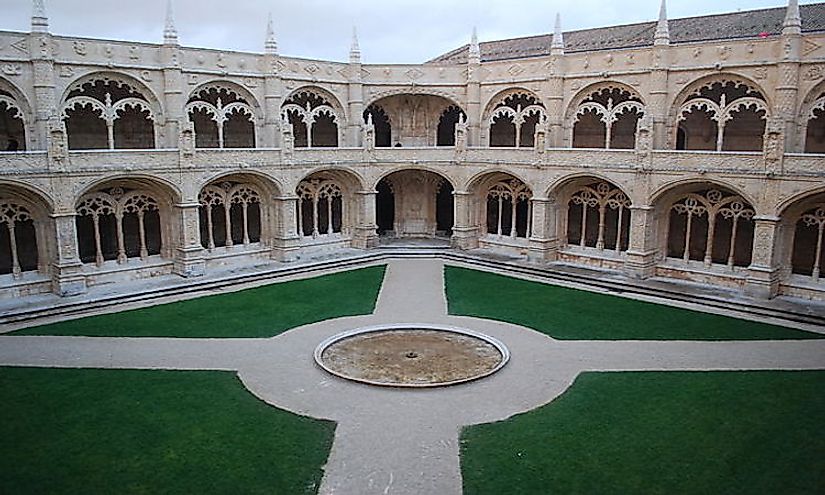 The courtyard of the Jerónimos Monastery in Portugal.