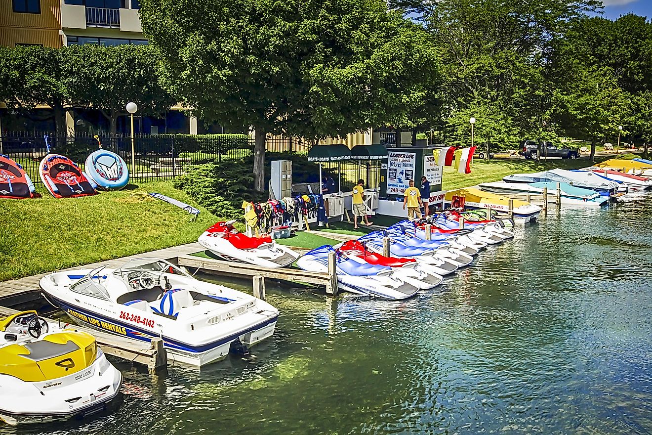 People at a Jetskis rental-shop at Lake Geneva in Wisconsin