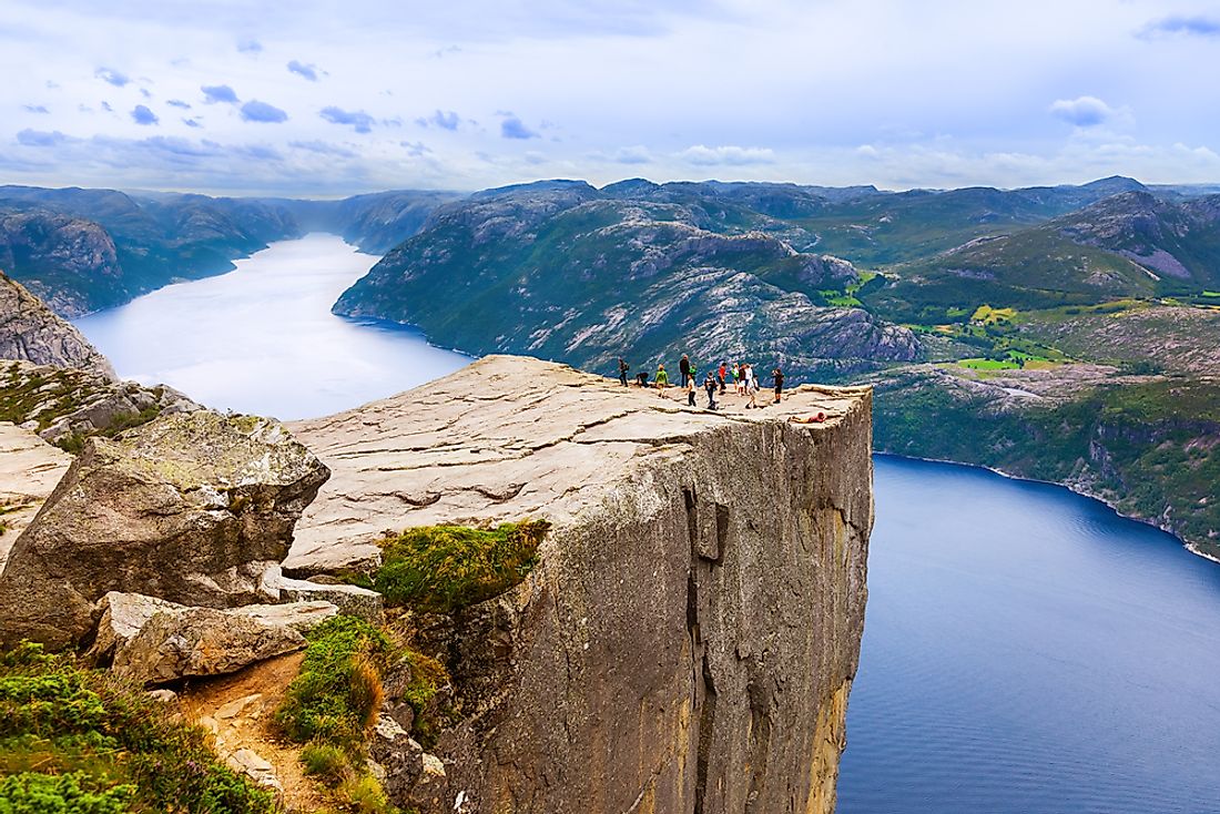 Tourists explore Lysefjorden. 